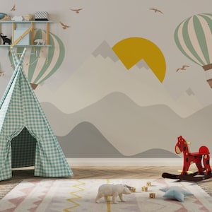 Carta da parati adesiva per bambini con mongolfiere, murale con cielo e nuvole, carta da parati autoadesiva per cameretta dei bambini con tramonto sulla montagna