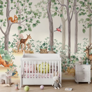 Custom Mural Peel And Stick Watercolor Birch Tree Forest Wallpaper Nursery Décor Fabric Woodland Animals Decal Removable Reusable, Forest