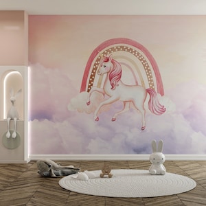 Rosa Farbe Einhorn-Mädchen-Baby-Kinder Tapete, Regenbogen-Einhorn-Kinderzimmer-Wandbilder, Kinderzimmer-Wandbild, Babyzimmer-Wolke-Himmel-Akzent-Wandbild