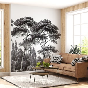 Black White Murals, Landscape in the Forest Mural, Vintage Lookin Forest Mural, Natural Forest Peel and Stick Self Adhesive, Removable Mural