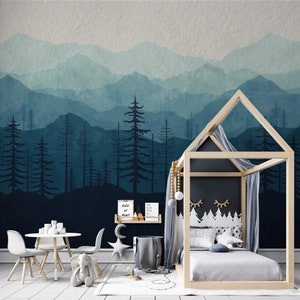 Pine Trees Wall Mural, Mountain Tree Forest Peel and Stick Nursery Mural, Kids Wallpaper, Foggy Forest Baby Child Room Self Adhesive Papers