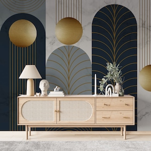 Abstract Dark Gray Gold Shape Wallpaper, Removable Wall Decor, Gold Color Peel and Stick Mural, Geometric Wallpaper, Abstract Wall Art Mural