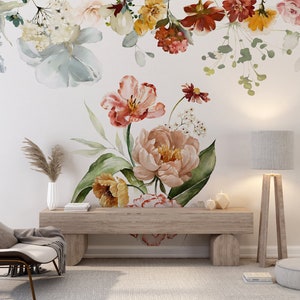 Watercolor Wild Flower Wallpaper, Botanical Field Floral Wall Mural, Big Peony Florals with Grass Wallpaper, Flowers Peel and Stick Murals