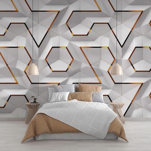 3D Geometric Wallpaper, Geometric Self Adhesive Mural, 3D View Peel and Stick Wall Mural, Abstract White Gold Color Living Room Wallpapers