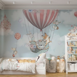 Hot Air Balloon Nursery Mural: Peel and Stick Wallpaper, Blue Sky Clouds
