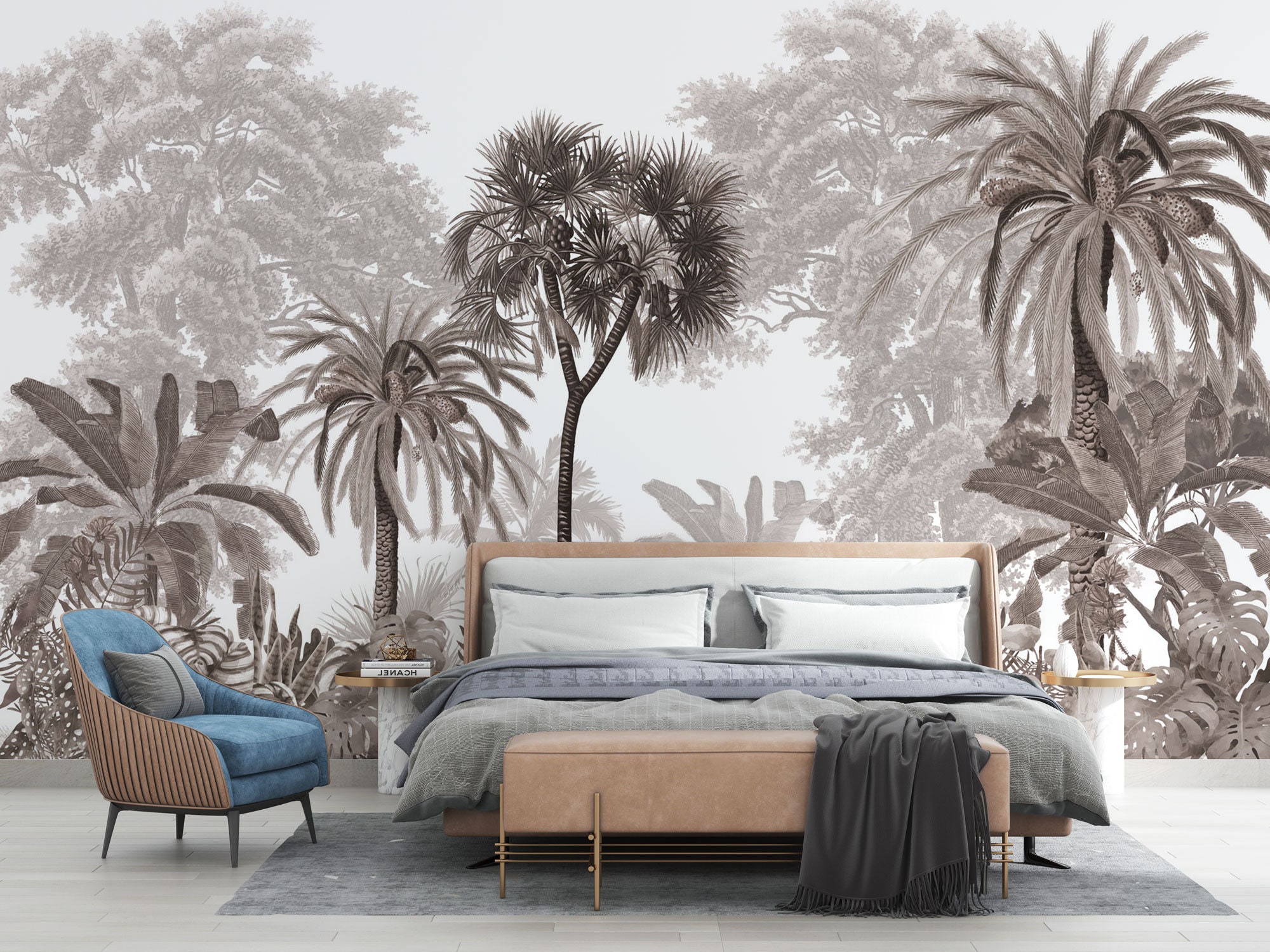 Vintage Design Forest Landscape Wall Mural, Pastel Colors Tropical Peel