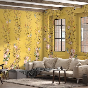 Ivy Flowers Wall Murals, Chinoiserie Floral Peel Stick  Living Room Wallpaper, Soft Flowers Wallpaper, Yellow Colors Self Adhesive Wallpaper