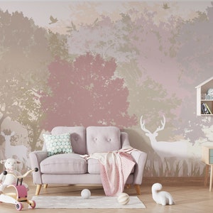 Carta da parati per bambini con colori rosa pastello, decorazioni per pareti per bambini, decorazioni con cervi nella foresta, murale autoadesivo, alberi rosa per camerette per bambini da staccare e attaccare