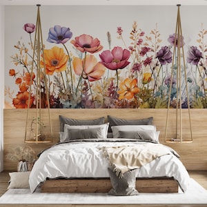 Papiers peints aquarelle de fleurs sauvages, décorations murales florales douces de champ botanique, papier peint de grandes fleurs avec de l'herbe, papier peint pour enfants