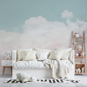 Carta da parati per bambini con colori pastello e acquerello, murale per la cameretta dei bambini con cielo azzurro e nuvole, murale per la cameretta dei bambini con cielo, carta da parati unisex per la cameretta dei bambini
