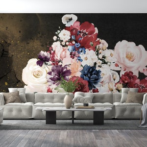バラ柄の壁紙、水彩画の野花の壁紙、植物畑の花の壁画、暗い背景の大きな牡丹の花の草の壁紙