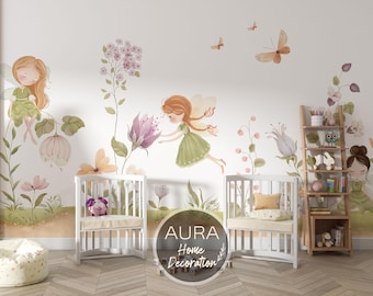 Papel pintado de hadas en acuarela para la habitación de niñas, decoración de pared infantil autoadhesiva en verde salvia pastel.