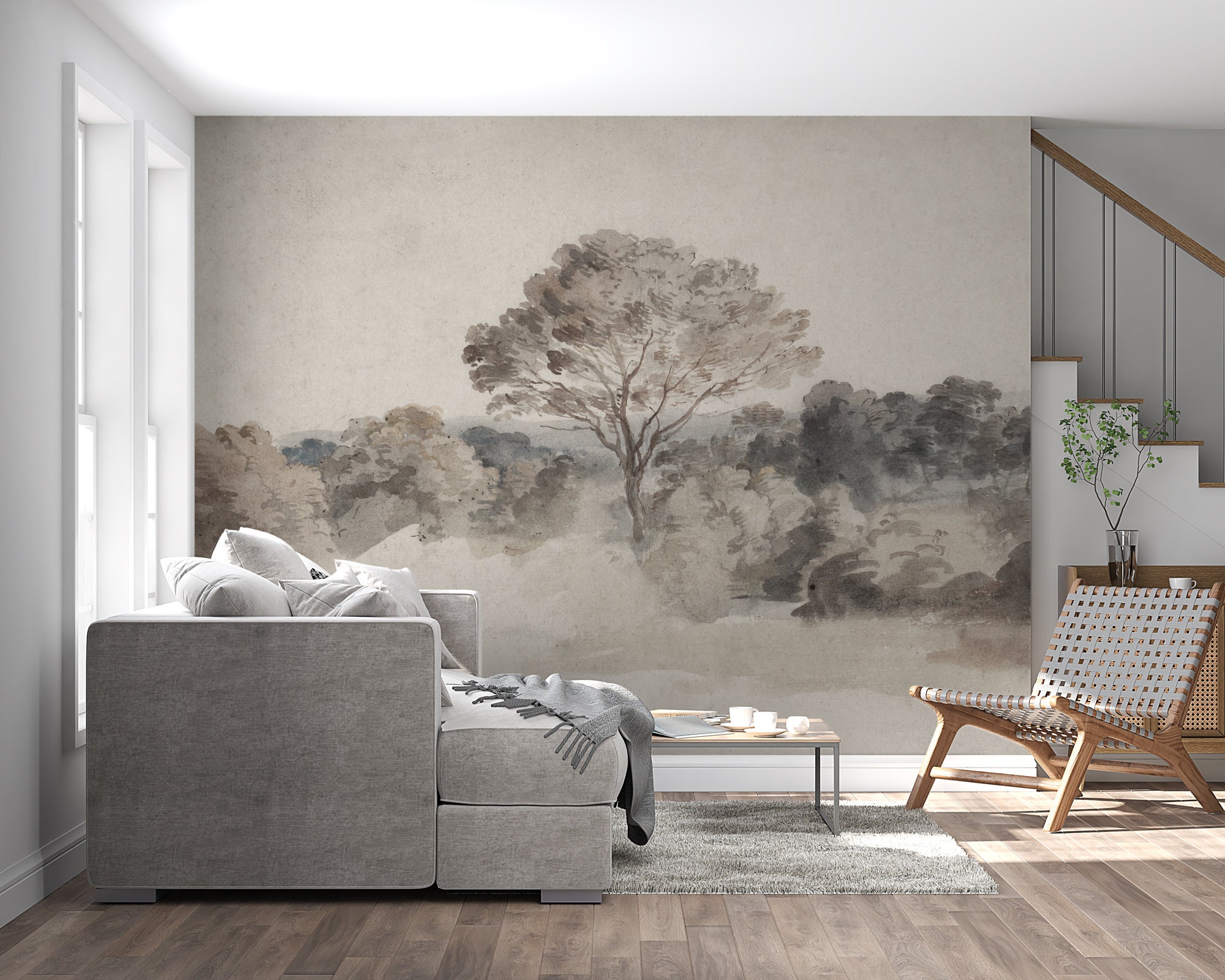 Vintage Forest Wallpaper Peel and Stick Watercolor Tree Landscape Wall Mural, Forest Landscape