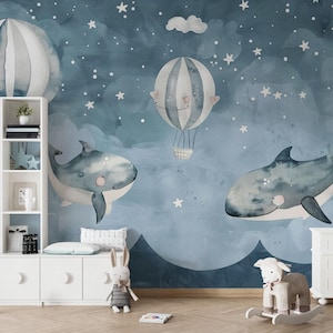 Carta da parati adesiva per cameretta dei bambini, con balene, stelle, cielo, nuvole, notte, blu, mongolfiere, per cameretta dei bambini, staccabile e facile da rimuovere.