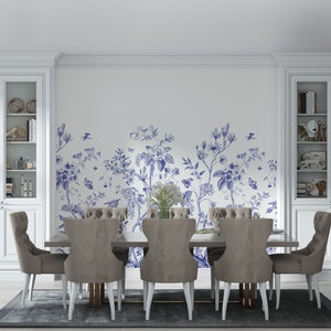 Murale florale bleue | Peler et coller le papier peint chinoiserie de taille personnalisée | Murale d'arbre de pivoine d'aquarelle | Papier Peint Fleurs Chinoises
