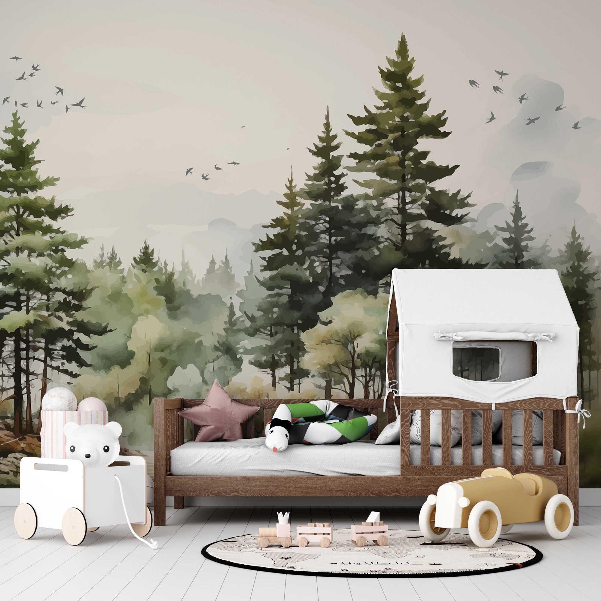 Forest Mountain Nursery Wallpaper Mural: Peel and Stick Kids Room Decor ...