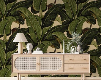 Banana Leaf Wallpaper, Tropical Palm Leaf Wall Mural, Dark Green Botanical Wallpaper, Peel and Stick Removable Wall Decor, Boho Jungle Mural