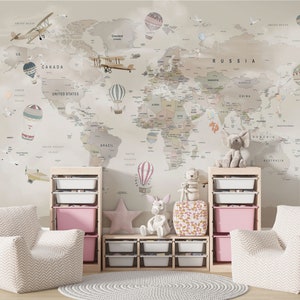 Animals World Map, Hot Air Balloon Child Room Murals, Airplane Wallpaper, Peel and Stick Wallpaper, Removable Wallpaper, Kids For World Map