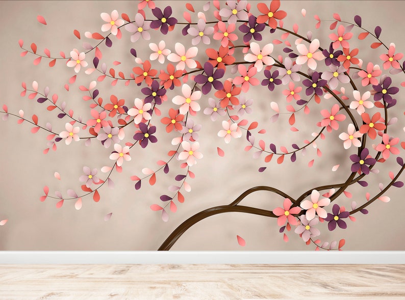 3D Floral Tree Peel and Stick Wallpaper Flowers Wall Mural Etsy
