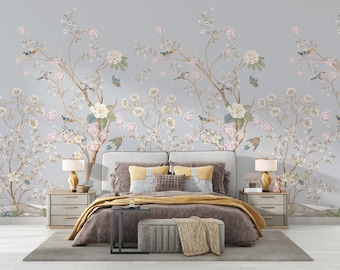 Chinoiserie Peony Wallpaper, Watercolor Floral Wall Mural, Blue Gray Botanical Cover