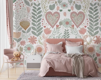 Watercolor Floral Girl Nursery Wallpaper, Heart and Flower Pattern Kids Room Peel and Stick Mural