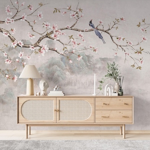 シノワズリ壁紙、剥がして貼れるピンクの桜の壁画、花の壁紙、アジアの壁画、木の壁紙、花柄の壁紙