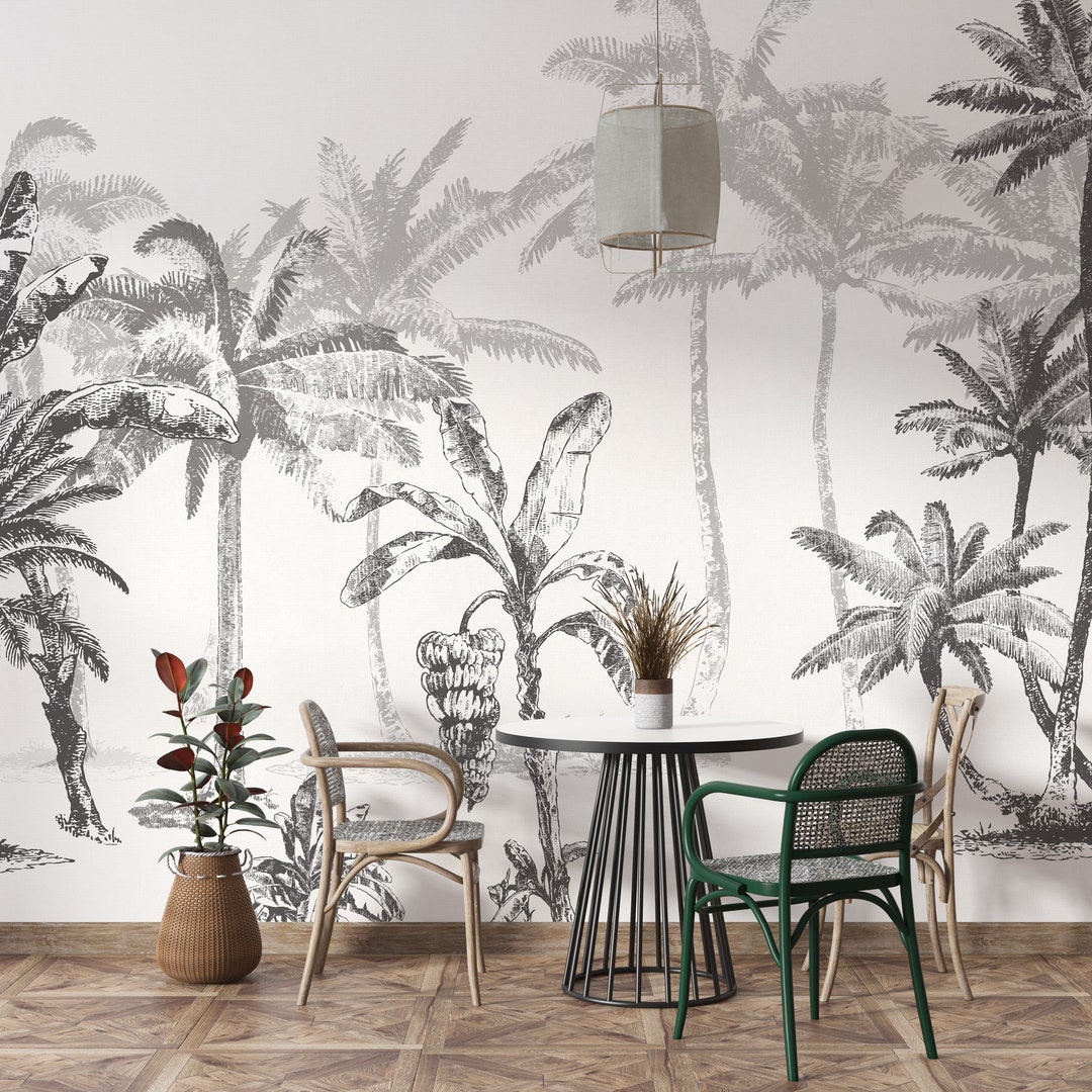 Black & White Palm Trees Wall Mural - Vintage Jungle Wallpaper ...