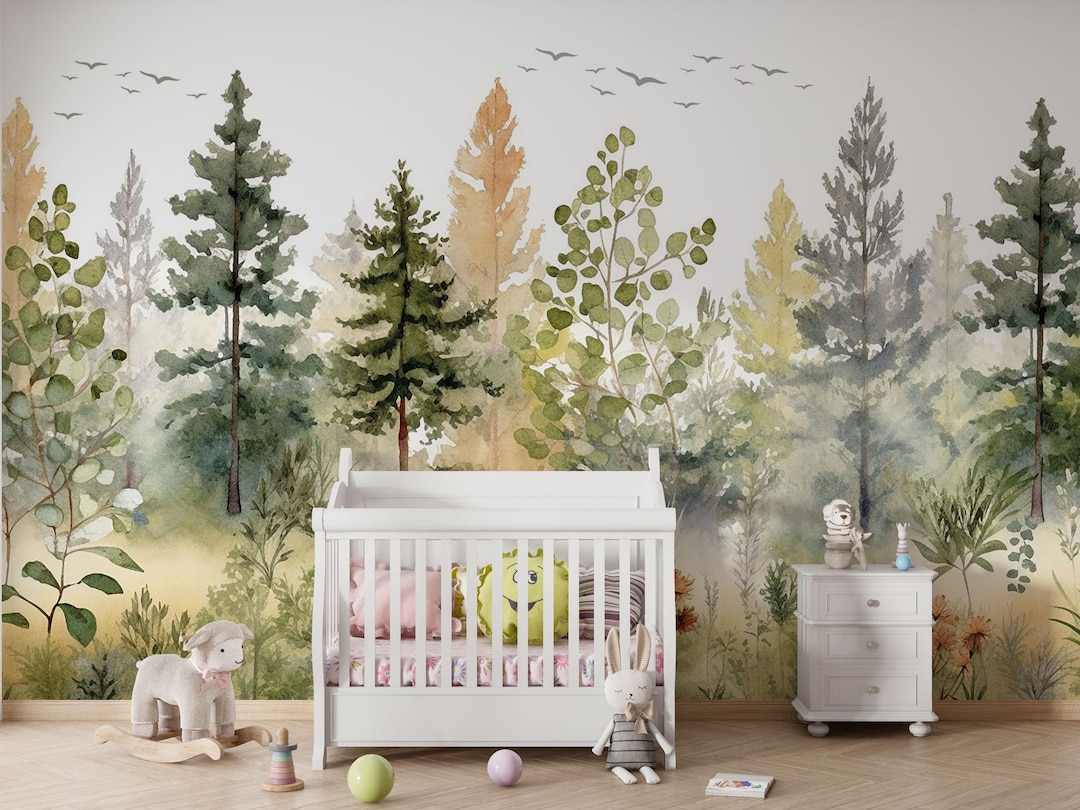 Woodland Nursery Mural: Autumn Forest, Pine Trees, Self-adhesive ...