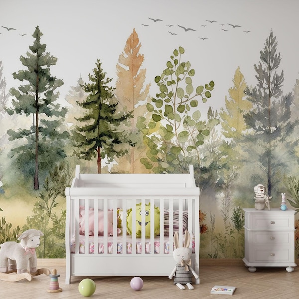 Woodland Nursery Mural: Autumn Forest, Pine Trees, Self-Adhesive Wallpaper