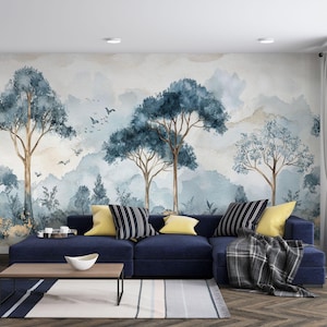 Blue Colors Trees Wall Mural, Landscape in the Forest Mural, Vintage Lookin Forest Mural, Natural Forest Peel and Stick Self Adhesive Mural