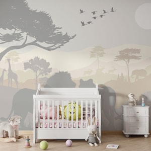Carta da parati per bambini in stile nordico, animali tropicali con piante, murale autoadesivo per la cameretta dei bambini con animali da safari in colori pastello