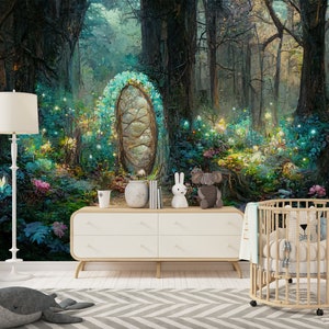 Magic Forest Nursery Wall Mural, Forest Houses Kids Wallpaper, Woodland Nursery Child Room Selfm Adhesive Wallpaper, Kids PlayRoom Mural