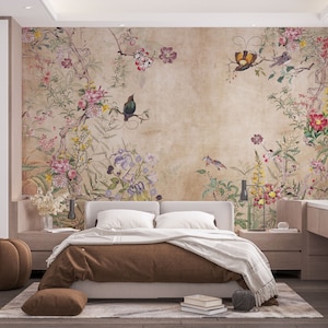 Peel and Stick Chinoiserie Wallpaper Mural: Peony, Birds, Asian Decor