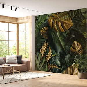 Elegant Gold Colors Tropical Leaves Wall Mural, Jungle Plants Peel and Stick Mural, Botanical Leaf Bathroom Self Adhesive Mural