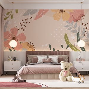 Carta da parati con fiori astratti, foglie colorate e forme geometriche, carta da parati con foglie staccabili, carta da parati floreale per il bagno, murale astratto con fiori per il soggiorno