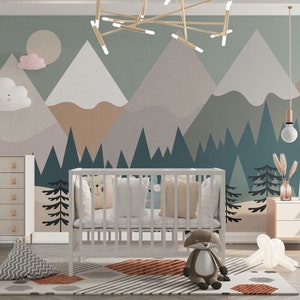 Carta da parati murale personalizzabile con foresta e montagna, per cameretta dei bambini, staccabile e facile da rimuovere, autoadesiva, per bambini.