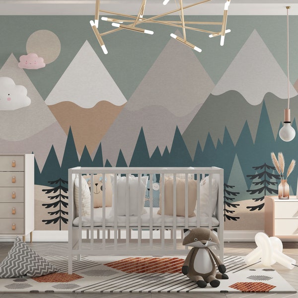 Customizable Forest Mountain Nursery Wall Mural Peel and Stick Easy Removable Self Adhesive Kids Wallpaper Child Room Wallpaper