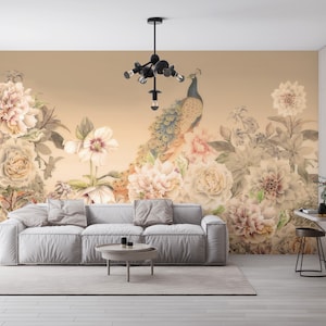 Chinoiserie Peel and Stick Wallpaper: Peacock & Floral Wall Mural