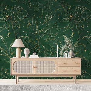 Tropisches Bananenblatt Wandbild, Tropische Palmenblätter Tapete, Wandbild Gold Grüne Farben, Selbstklebendes Papier Dschungelpflanzen, Mostera Wandbild
