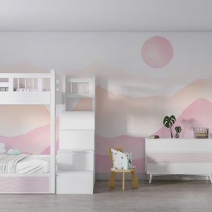 Pastel Pink Sunset Mountains Wallpaper Mural - Kids Room Decor