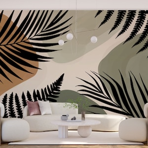 Carta da parati autoadesiva personalizzabile con dettagli astratti e tropicali in stile Mid-Century Modern, colori pastello, facile da staccare e attaccare.