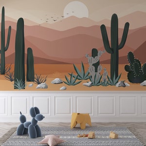 Carta da parati per bambini con cactus nel deserto, tramonto sulle montagne con tonalità di verde, murale staccabile con tramonto nel deserto, carta da parati per bambini