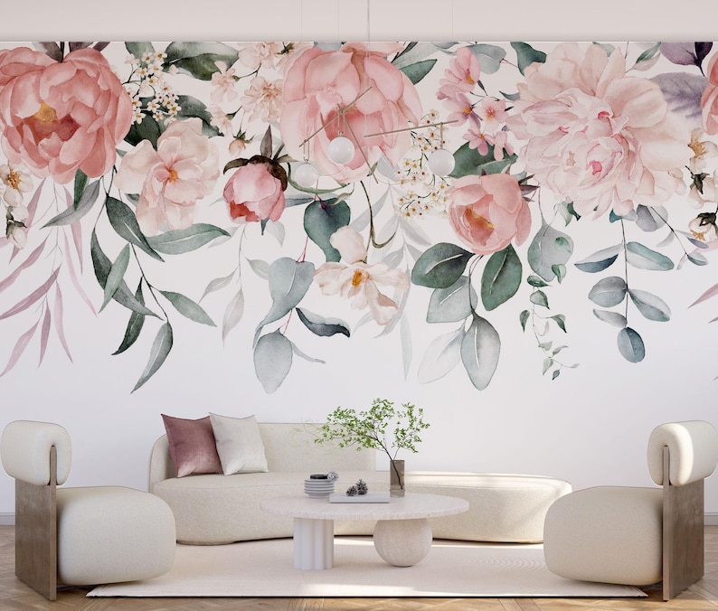 Pink Peony Watercolor Floral Wallpaper Mural - Peel and Stick - Etsy