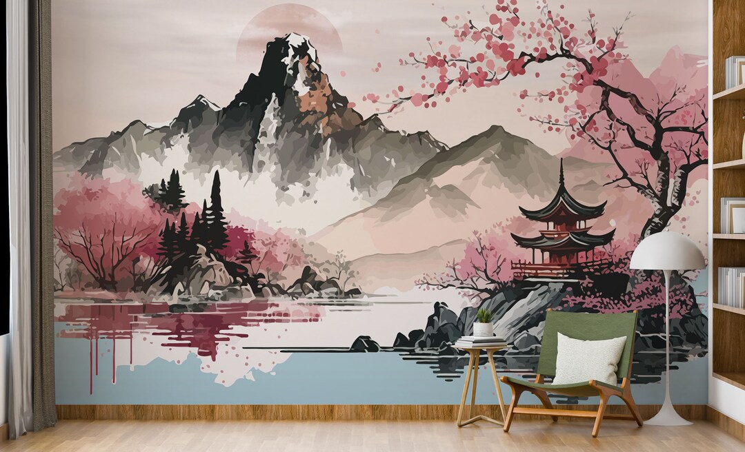 Chinoiserie Cherry Blossom Wallpaper Mural: Asian Foggy Forest, Peel ...