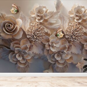 3D Floral Look Wallpaper, Flowers Wall Mural, Peel and Stick Floral