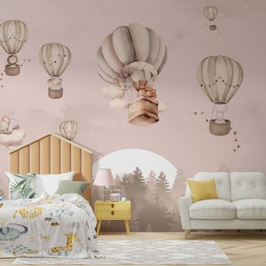 Pastel Color Kids Nursery Peel And Stick Wallpaper, Hot Air Balloons Sky Cloud Baby Child Room Wallpaper Wall Mural, Cute Bear Wall Decal