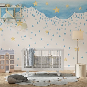 Carta da parati adesiva per cameretta dei bambini con stelle del cielo color azzurro pastello, murale autoadesivo con nuvole di cielo e stelle, carta da parati per cameretta dei bambini, murale strutturato per cameretta dei bambini