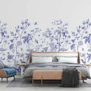 Blaues Blumen Wandbild | Benutzerdefinierte Größe Chinoiserie Tapete schälen und aufkleben | Aquarell Pfingstrosenbaum Wandbild | Chinesische Blumen Wallpapers