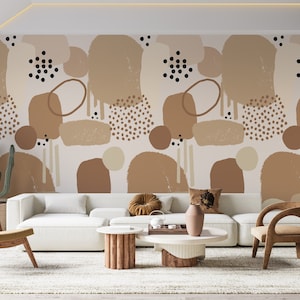 Beige Boho Abstract Art Wallpaper: Peel and Stick Mural, Custom Size