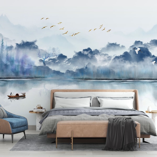 Chinoiserie Wallpaper Peel and Stick | Landscape Wall Mural | Asian Style Wall Mural | Peel And Stick | Foggy Forest Mountain Murals